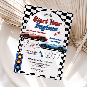 Start Your Engines Retro Race Car Double Birthday Invitation