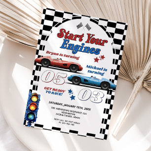 Start Your Engines Retro Race Car Double Birthday Invitation