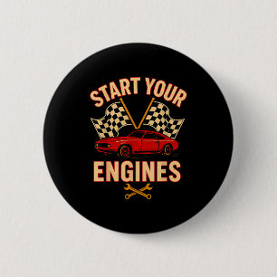Start Your Engines Vintage Mechanics Flag Race Car Button