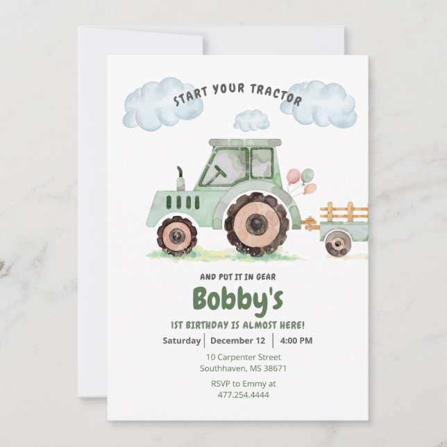 Start Your Tractor 1st Birthday Invitation (Front)