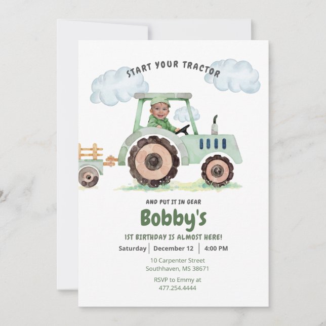Start Your Tractor 1st Birthday Photo Invitation (Front)