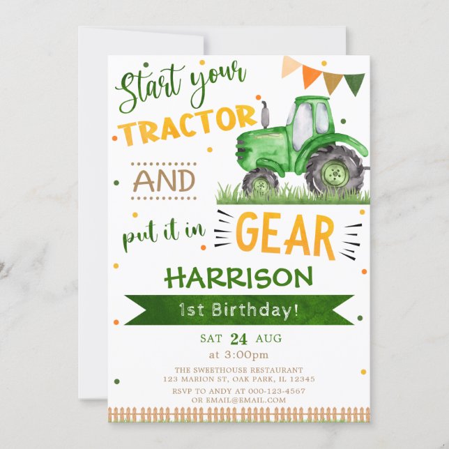 Start your Tractor and put in Gear 1st Birthday  Invitation (Front)