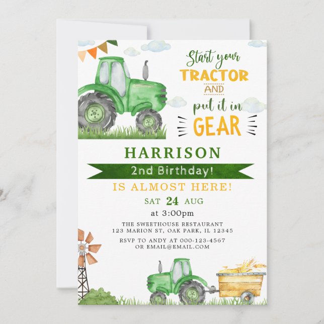 Start your Tractor and put in Gear 2nd Birthday Invitation (Front)