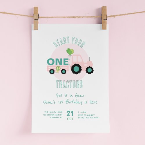 Start Your Tractors Pink 1st Birthday Invitation