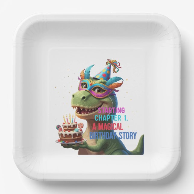 Starting Chapter 1 - Magical Dinosaur 1st Birthday Paper Plates (Front)
