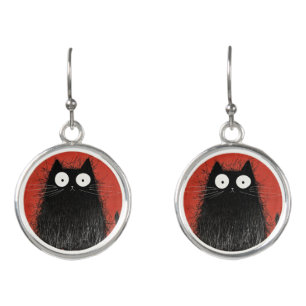 Startled Black Cat on Vivid Crimson Earrings