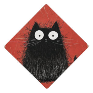 Startled Black Cat on Vivid Crimson Graduation Cap Topper