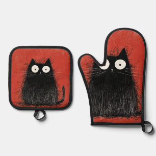 Startled Black Cat on Vivid Crimson Oven Mitt & Pot Holder Set