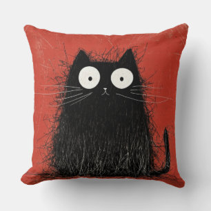 Startled Black Cat on Vivid Crimson Throw Pillow