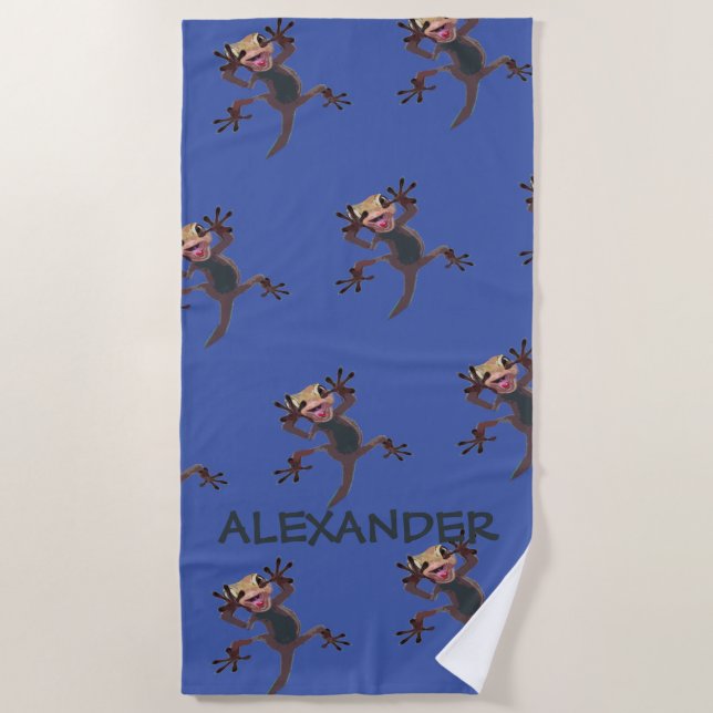 Startled Funny Gecko Lizard  Blue Custom Name Beach Towel (Front)