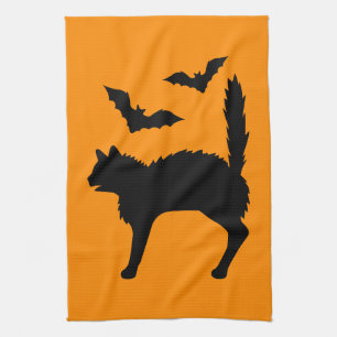 Startled Halloween Cat And Bats Silhouette Orange Kitchen Towel