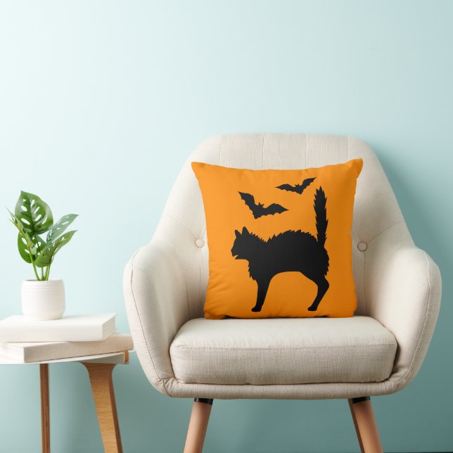 Startled Halloween Cat And Bats Silhouette Orange Throw Pillow (Chair)