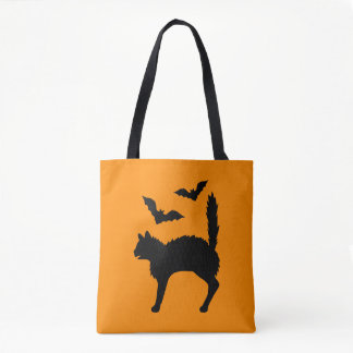 Startled Halloween Cat And Bats Silhouette Orange Tote Bag