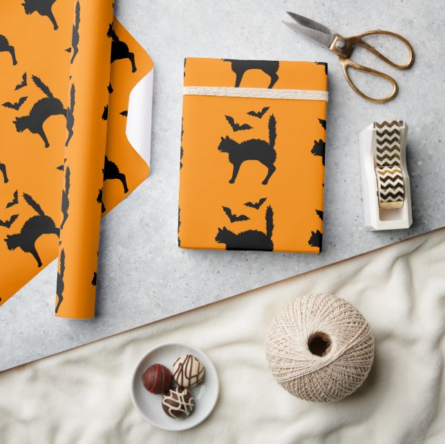 Startled Halloween Cat And Bats Silhouette Orange Wrapping Paper (Crafts)