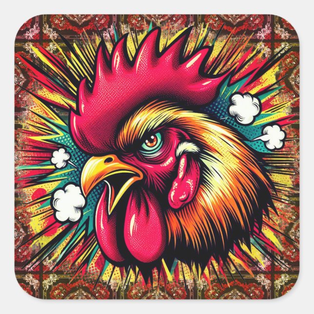 "Startled Mad Rooster"  Square Sticker (Front)