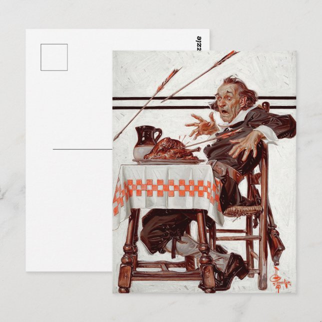 Startled Pilgrim. Vintage Art Thanksgiving Postcard (Front/Back)