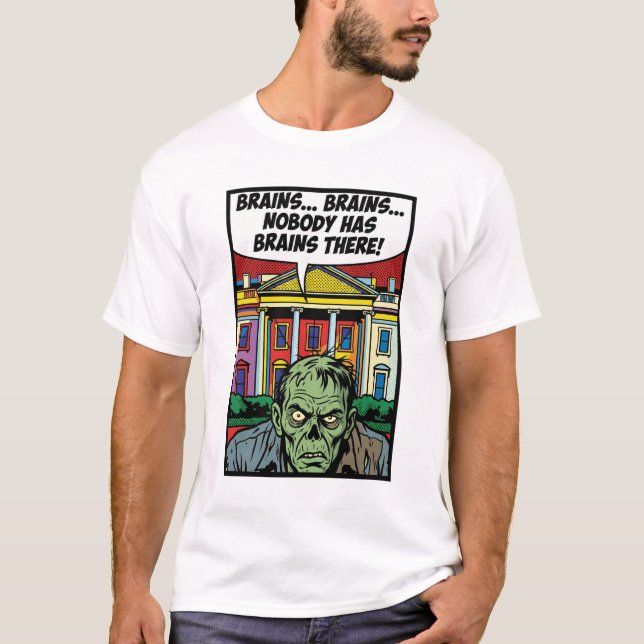 Starving at the Summit: No Brains Pop-Art Zombie T-Shirt (Front)