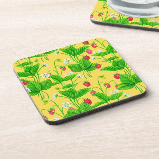 Starwberry garden on yellow beverage coaster (Left Side)