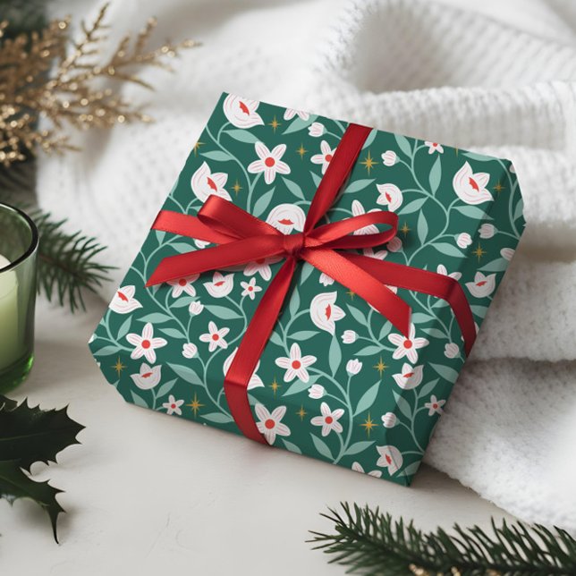 Stary Botanical Floral Blossom Vine Leaf Pattern  Wrapping Paper (Stary Botanical Floral Blossom Vine Leaf Pattern Wrapping Paper)