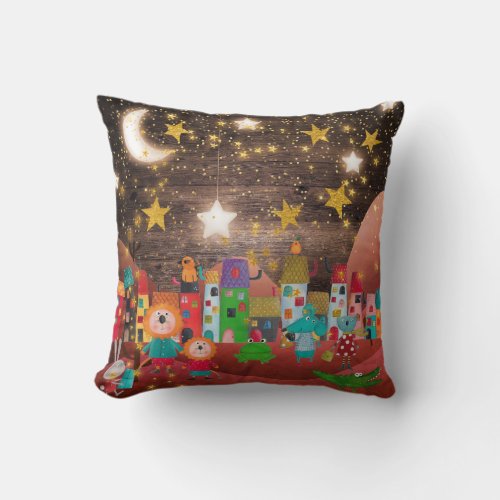 Stary Night Nina Nana Animals Magic Town Throw Pillow