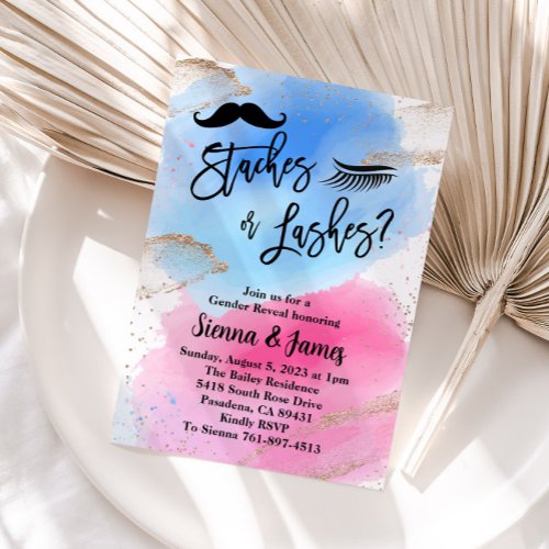 Stashes Or Lashes Gender Reveal Watercolor Invitation