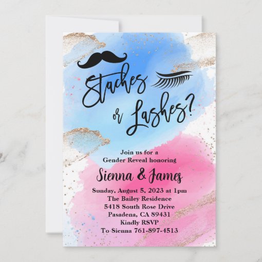 Stashes Or Lashes Gender Reveal, Watercolor Invitation | Zazzle
