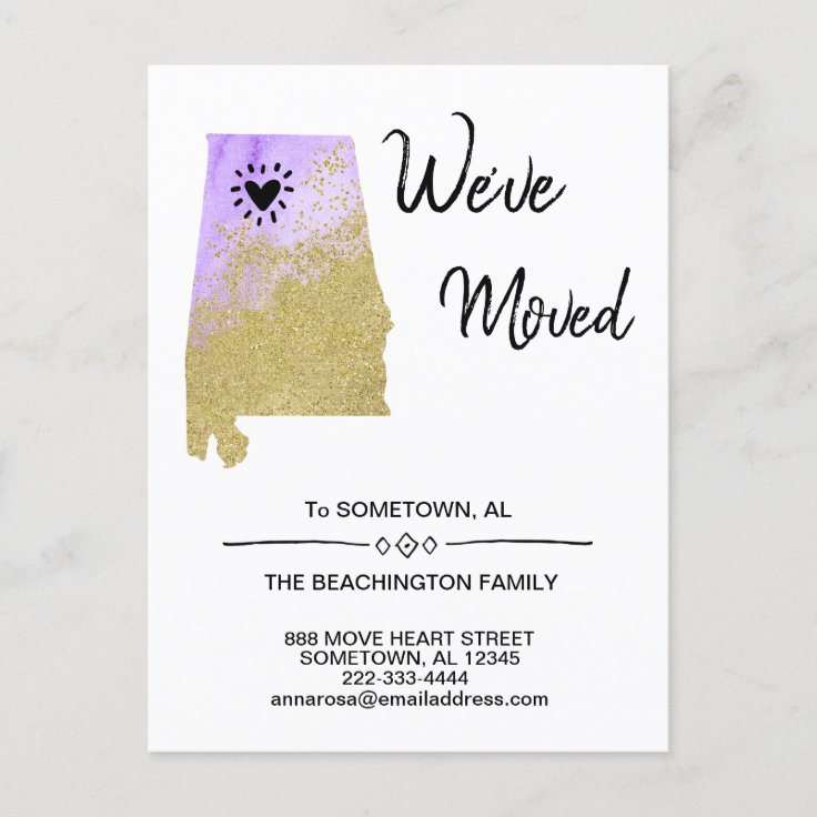 STATE ALABAMA Glitter Moving New Address AL Announcement Postcard
