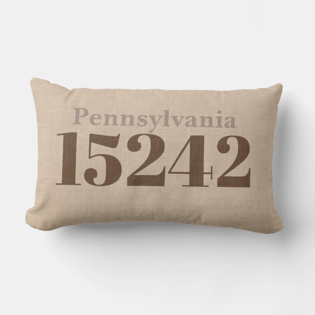 State and Zip Code Throw Pillow Navy Tan Brown (Front)