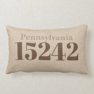 State and Zip Code Throw Pillow Navy Tan Brown