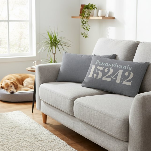 State and Zip Code Throw Pillow Steel Blue (Elegant neutral gray ZIP code lumbar pillow. )