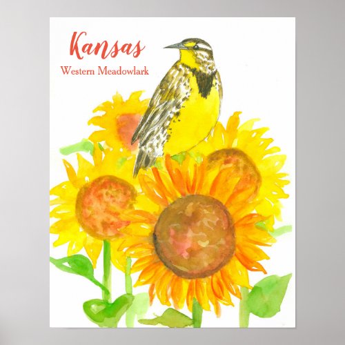 State Bird of Kansas Meadowlark Sunflower Poster