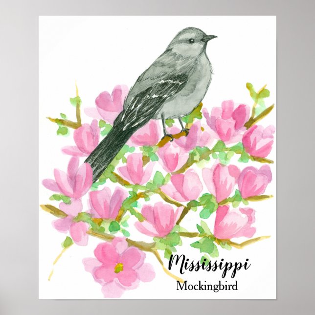 State Bird of Mississippi Mockingbird Watercolor Poster (Front)