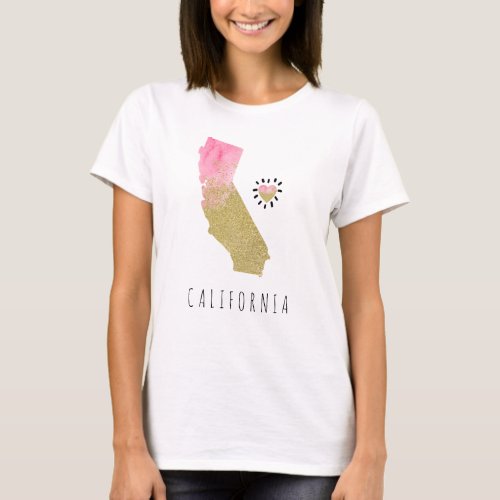  STATE CALIFORNIA _ Glitter Map Pink Heart T_Shirt