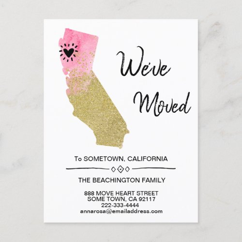  STATE CALIFORNIA _ Glitter Moving  New Address Announcement Postcard
