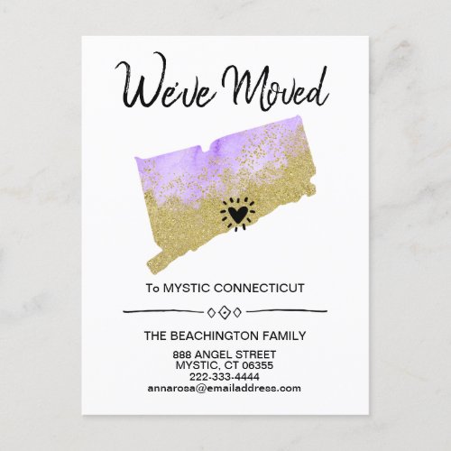  STATE CONNECTICUT Glitter Purple Moving Announcement Postcard