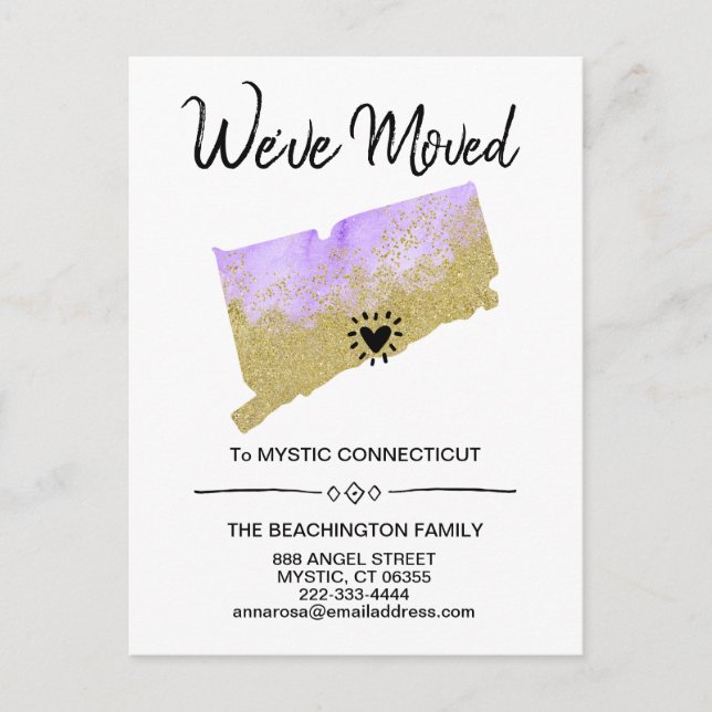 *~* STATE CONNECTICUT Glitter Purple Moving Announcement Postcard (Front)