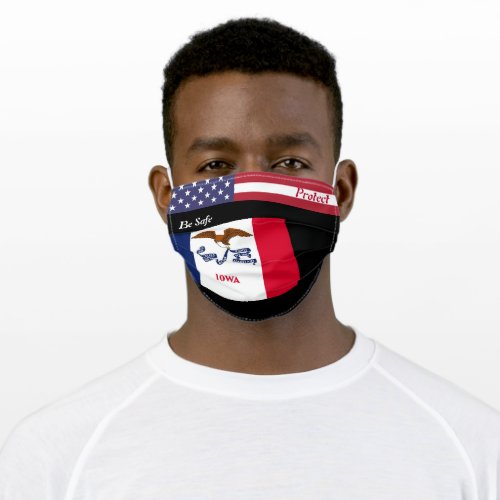State Iowa Flag on  Black  w Stars Stripes Adult Cloth Face Mask