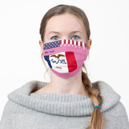 State Iowa Flag on Pink  w Stars Stripes Adult Cloth Face Mask