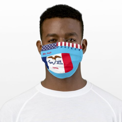 State Iowa Flag on Sky Blue  w Stars Stripes Adult Cloth Face Mask