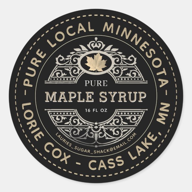 State Name Black Silver and Gold Maple Syrup Label (Front)