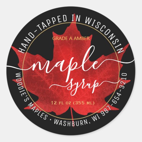 State Name Fancy Font Maple Syrup Red Leaf Black   Classic Round Sticker