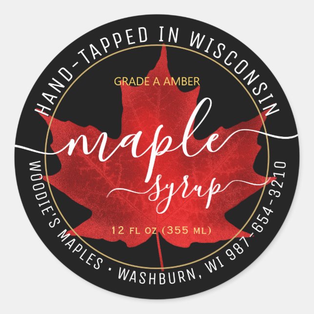 State Name Fancy Font Maple Syrup Red Leaf Black   Classic Round Sticker (Front)