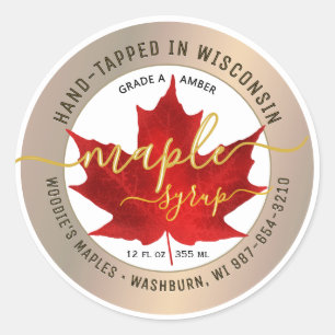 State Name Fancy Font Maple Syrup Red Leaf Gold Classic Round Sticker