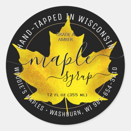 State Name Fancy Font Maple Syrup Yellow Leaf      Classic Round Sticker