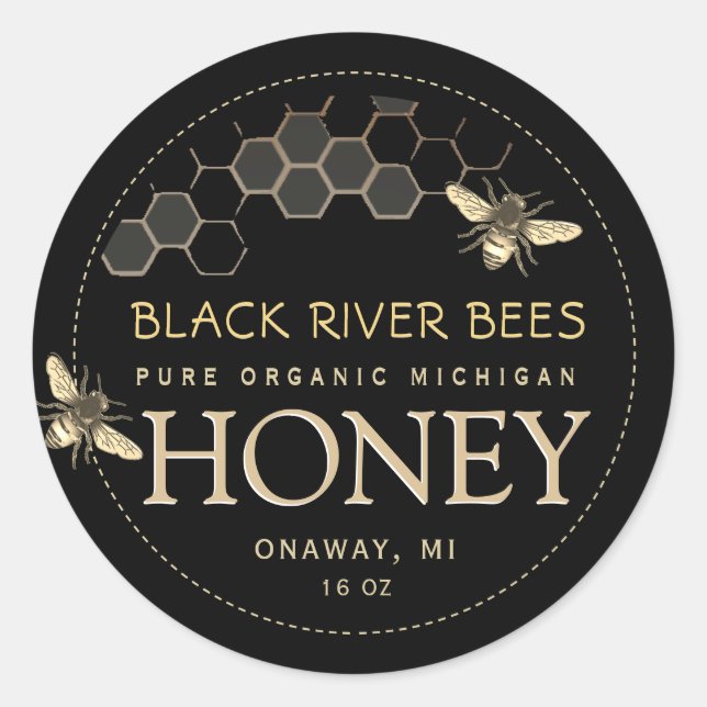State Name Honey Label Bees and Honeycomb Black (Front)
