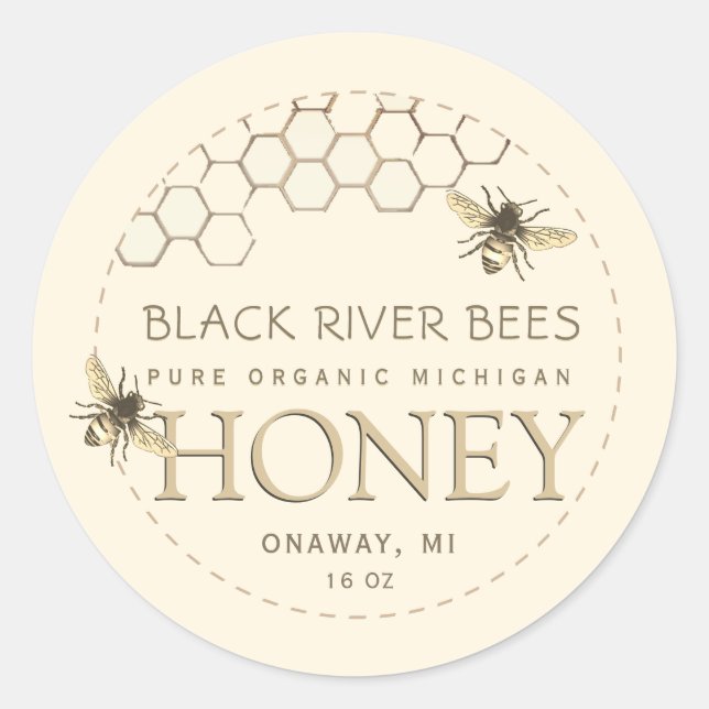 State Name Honey Label Bees and Honeycomb Ivory (Front)