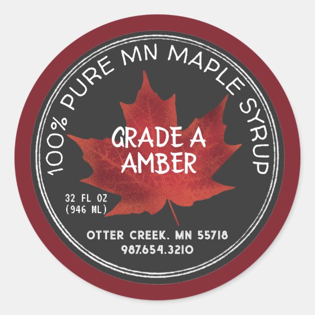 State Name Maple Syrup Chalkboard Style Red Leaf Classic Round Sticker (Front)