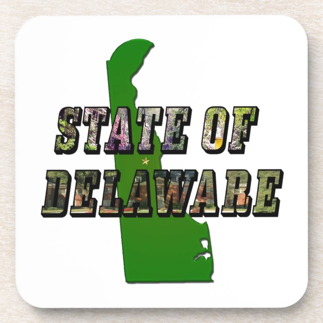 State of Delaware Picture Text & Map Outline Beverage Coaster (Front)