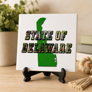 State of Delaware Picture Text & Map Outline Ceramic Tile