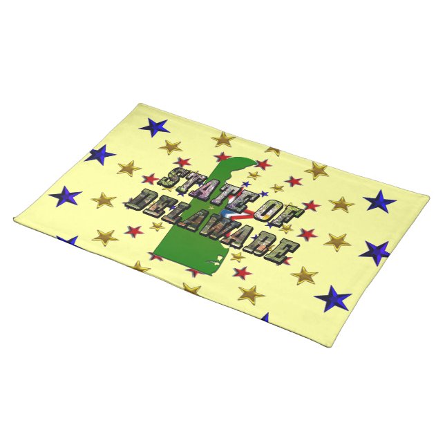 State of Delaware Picture Text & Map Outline Cloth Placemat (On Table)